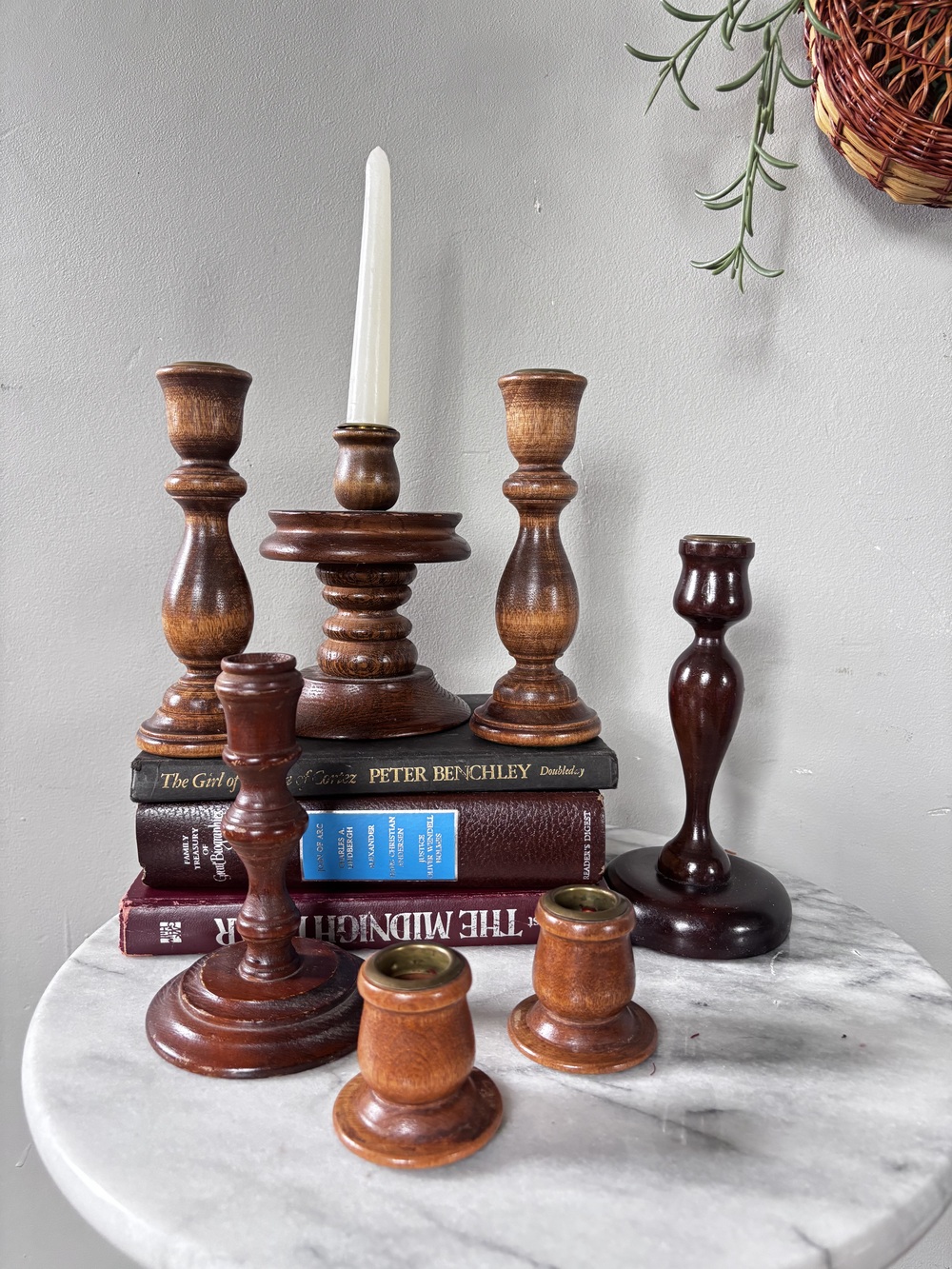 Vintage Hand Turned Wood Candlesticks Lot Set of 7 Brown Taper Candle Holders